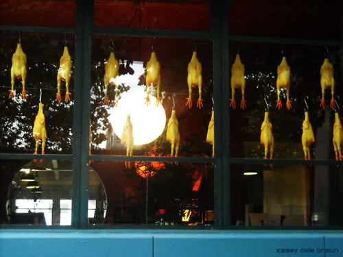 chickens in butcher window